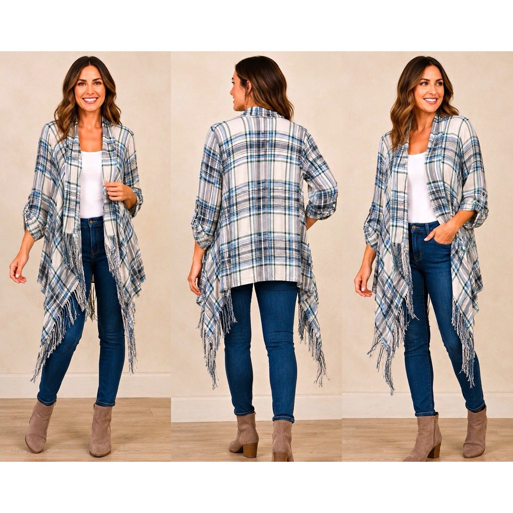 Matilda Jane Size XL Plaid Fringe Cardigan Waterfall Draped Boho Cottagecore